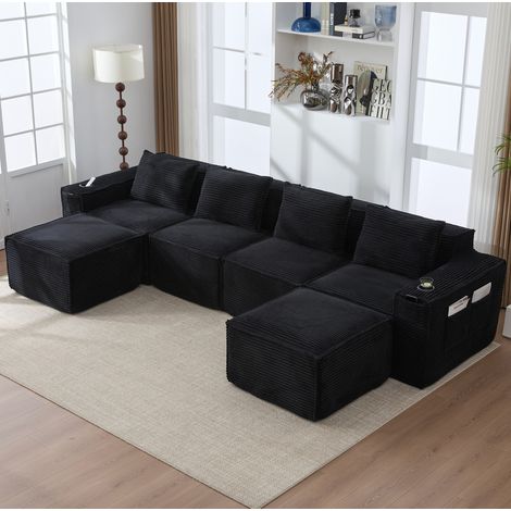 Canapé modulaire 330x162x75 cm noir en velours côtelé avec 2 poufs, porte-gobelets et poches de rangement (1/5)