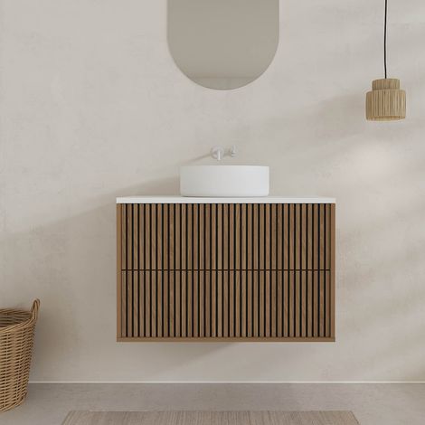 Mueble de Baño 80cm Acanalado Roble y Negro - Encimera y Lavabo Blanco