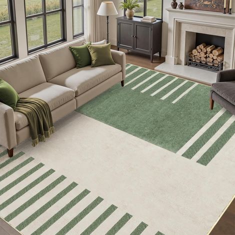 Tapis de salon - 120 x 170 cm - Poils courts et moelleux - Avec design moderne vert et beige - Dos antidérapant et lavable - Doux et durable - Pour le salon - Couleur : vert beige (1/5)