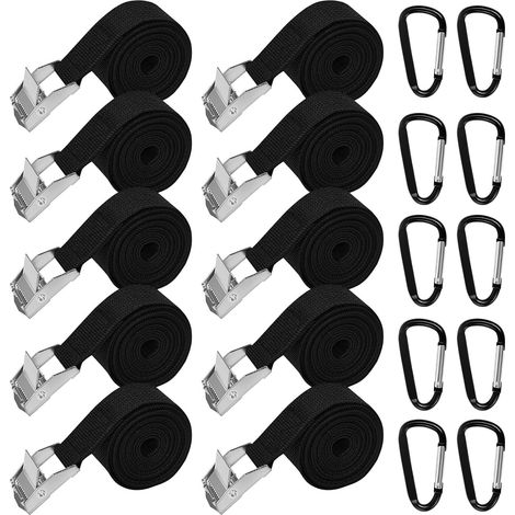10 Sangles d'Arrimage à Boucle 1.5m, Sangles à Cliquet Noires avec 10 Mousquetons, Sangle de Levage Réglable 25mm, Sangle Traction Vélo Résistante, pour Emballer et Transporter des Objets (1/5)