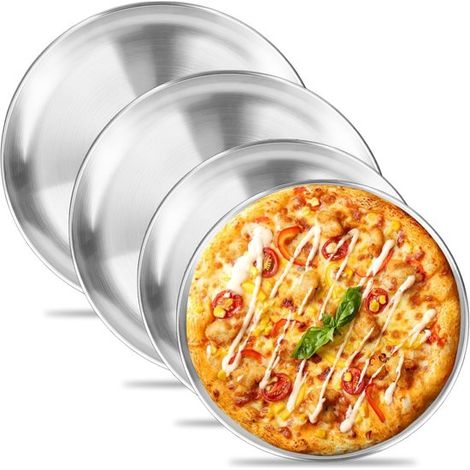 Set di 4 teglie per pizza rotonde, 30 cm x 20 cm, in acciaio inox, con rivestimento antiaderente, ideali per cuocere e servire. (1/5)