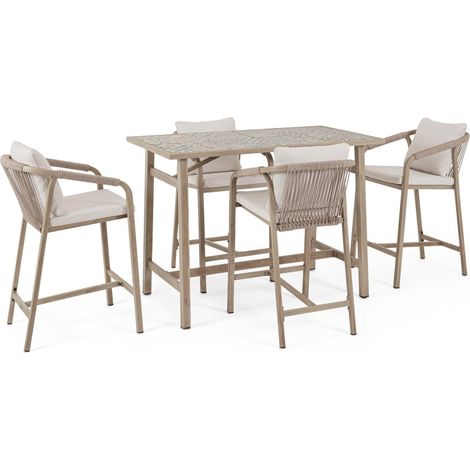 Set salotto "Kalimera" tavolo da bar + 4 sgabelli, per arredo giardino -Timber