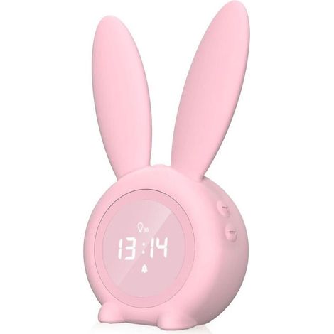 Réveil enfant, veilleuse lapin mignonne avec fonction snooze, réveil lumineux pour filles et garçons, veilleuse programmable, rose (1/5)