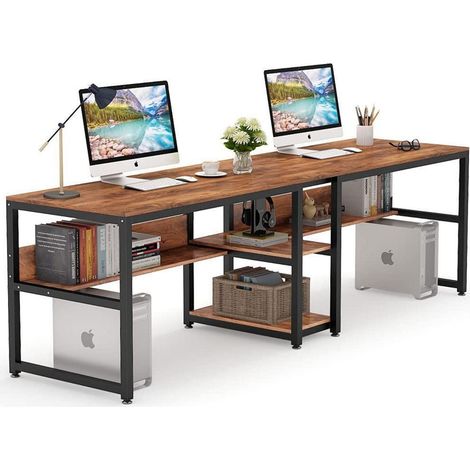 Doppelschreibtisch 200cm mit Regalen, Bürotisch für 2 Personen, Vintagebraun (1/5)