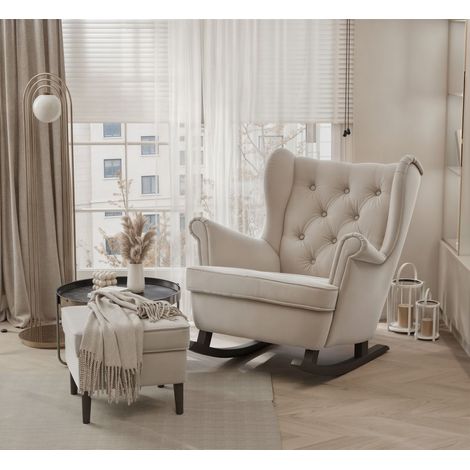 Schaukelsessel Ohrensessel Sessel NINON inkl. Hocker in Stoff Trinity Beige