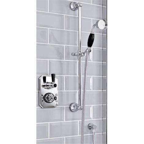 Milano Elizabeth Twin Thermostatic Mixer Shower Valve and Riser Rail Kit with Hand Shower Handset Hose Riser Rail and Outlet Elbow - Chrome & Black
