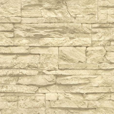 Papiers peints modernes pour salon & entrée | Papier peint effet pierre beige | Tapisserie imitation pierre trompe l’oeil - 10,05 x 0,53 m (1/5)