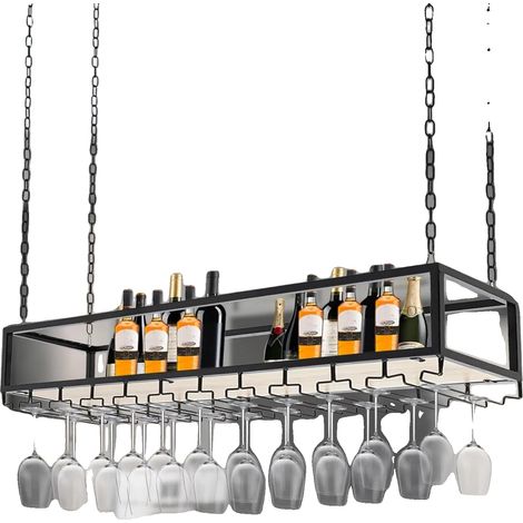 Soporte colgante para copas de vino, 110 x 25 x 22 cm, estante ajustable, capacidad de carga de 75 kg, longitud de cadena de 1 m, compatible con bases de copa de 4 a 9 cm. (1/5)