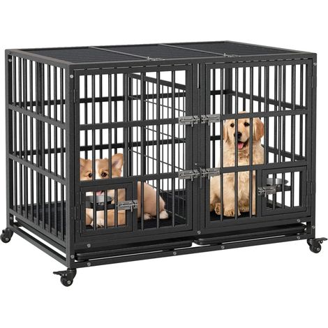 Hundebox, robuster Metallrahmen, verstellbare Trennwand, 2-Tür-Hundebox, Schwarz (1/2)