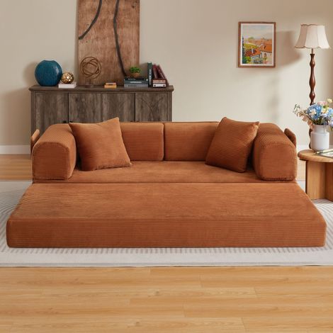 Canapé-lit escamotable 2 places avec coussins, sans cadre rigide, parfait pour salon, chambre ou studio. Structure en acier, pliable et compacte, idéal petit espace. (1/4)