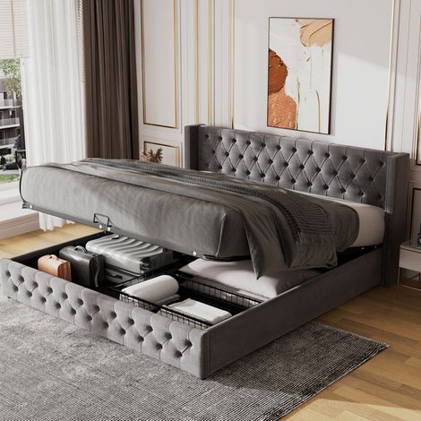 Polsterbett 180/200 cm grau aus Samt mit Bettkasten und Chesterfield-Kopfteil (1/5)