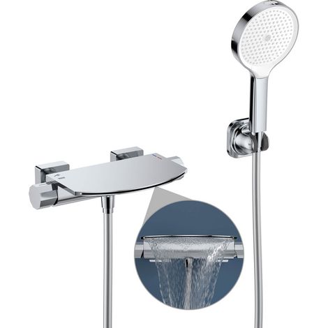 Badewannenarmatur mit Handbrause, Wasserfall Wannenarmatur, Badewannenarmatur Chrom, Messing Mischbatterie Wandarmatur für Badewanne, Wandmontage mit großer Plattform