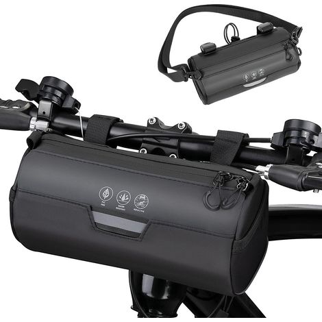 Borsa per bici - Borse per bici - Borsa da manubrio per bicicletta - Borsa da telaio - Borsa da manubrio per bici - 2 L - Impermeabile - Con tracolla removibile - Per bici da strada - Nero (1/5)