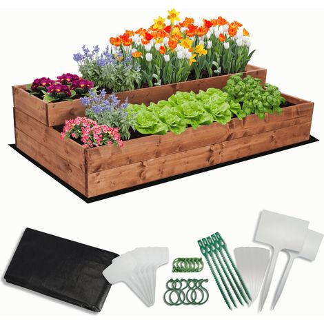 MODO24 Carré potager surélevé en bois, 2 niveaux en cascade, 27x117x63 cm, jardin/terrasse, kit jardinier inclus, brun imprégné