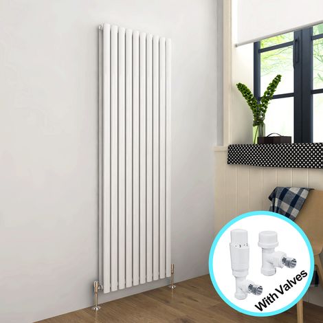 ELEGANT Vertical Radiator 1800 x 590mm Double Panel Designer White Oval Column Heating Rad with White Thermostatic Radiator Valves (1/5)