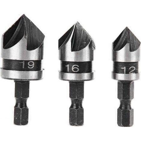 3pcs 90 Degrés 5 Flûte Fraises à Chanfreiner Set Pour Bois, Métal Changement Rapide 1/4" Hex Foret à Chanfreiner en Acier au Carbone Outil de Coupe de Chanfreinage de Bois 12/16/19mm