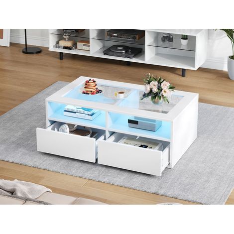 1005035cm Table basse avec éclairage LED, table basse avec 2 tiroirs, table de salon en verre, table à thé à double niveau, espace de rangement ouvert, table d'appoint pour salon, blanc (1/5)