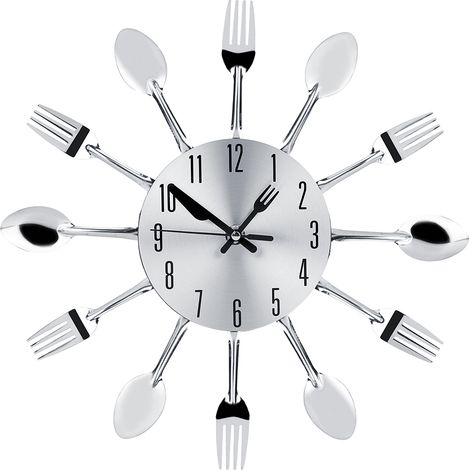 Assiette murale couverts acier inoxydable horloge cuisine couteau fourchette cuillère décoration argent (1/5)