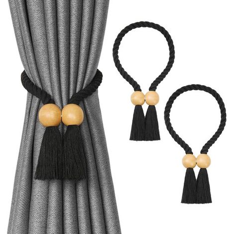 Lot de 2 embrasses magnétiques – Noires – 60 cm – Cordon coton et boule bois – Sans perçage – Rideaux épais et fins (1/5)