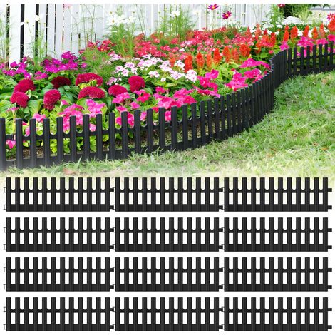 Jiubiaz Beeteinfassung 5,2m – 12er Set 43x13cm Beetumrandung aus flexiblem Kunststoff – Rasenkante Palisade Zierzaun – schwarz inkl. 24 Erdankern (20cm)
