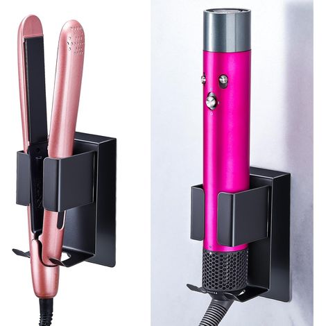 Soporte de pared negro autoadhesivo, no requiere taladrar, para secadores de pelo, planchas y rizadores, baño