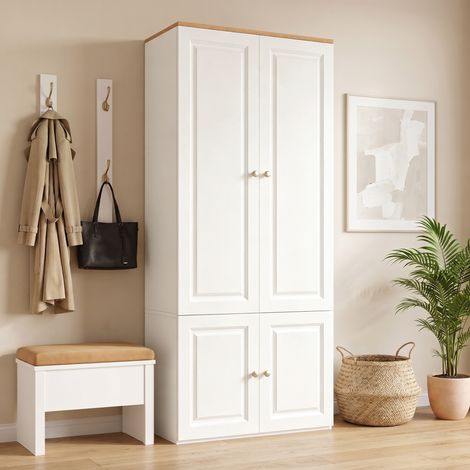 Armoire chambre 90x50x200 cm, Garde-robe penderie à portes battantes, En MDF avec 2 tringles de suspension, 4 étagères de rangement, Blanc (1/5)