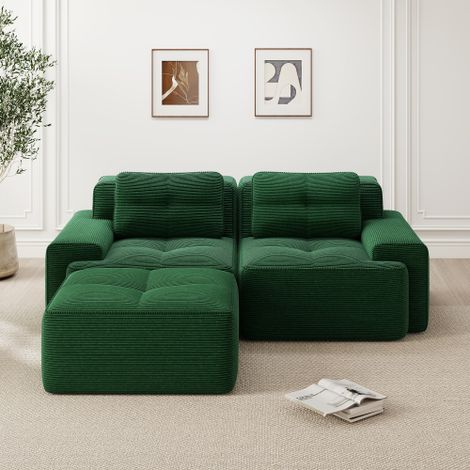 Canapé modulable, Canapé moderne modulable en L pour salon avec assise profonde, confortable canapé Corduroy-Cloud avec ottoman, canapé-lit deux places tufté, vert (1/5)