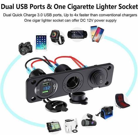 12V - 24V Dual QC3.0 Zigarettenanzünder-Splitter mit LED-Anzeige, Voltmeter, USB-Stecker, wasserdichtem Schalter - für Auto, Boot, Motorrad, LKW. (1/5)