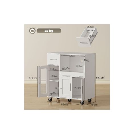 Meuble de cuisine blanc à roulettes avec étagères, tiroirs, tablette réglable et passe-câbles pour cuisine et salle à manger (1/5)