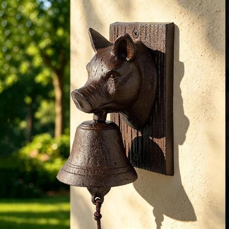 Cloche de dîner en fonte rétro en métal pour l'extérieur de la ferme, décoration en forme de tête de cochon, cloche à suspendre pour cour ou jardin, sonnette de porte murale décorative pour intérieur (1/5)