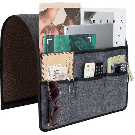 Sac de rangement en feutre pour accoudoir de canapé avec de multiples poches, idéal pour ranger télécommandes, téléphones, magazines et autres objets. (1/5)