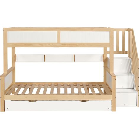 Letto a castello per bambini con protezione anticaduta, sponde, letto a scomparsa, armadio, pino + mdf, bianco + naturale, 90x200 & 120x200 cm