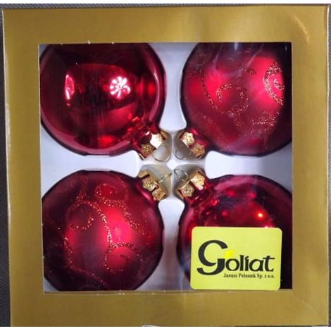 Set mit 4 eleganten, roten Christbaumkugeln (80 mm) – drei glänzend, drei matt mit silbernem Glitzer (1/2)
