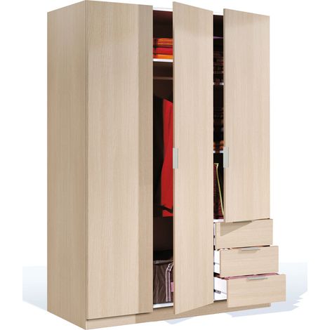 Pegane – Armoire penderie 3 portes 3 tiroirs en MDF chêne – Dimensions 180 x 121 x 52 cm – Rangement optimal pour vêtements et accessoires (1/2)