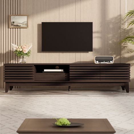 Meuble TV 170x35x40cm, Banc TV de salon de style vintage et moderne, Structure en avec 3 portes et 1 tiroir de rangement, Naturel (1/5)
