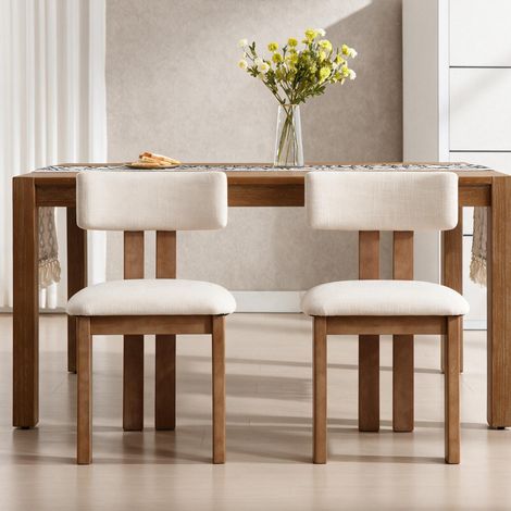 Wahson Lot de 2 chaises de salle à manger en lin beige – Dossier incurvé et coussin rembourré – Pieds en bois massif – Confort optimal pour salon et cuisine, Beige