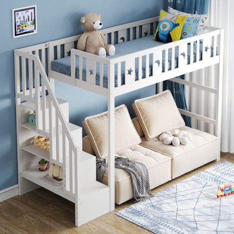 MEUBLIV Hochbett für Kinder 90x200 cm Weiß – Treppe mit Stauraum, ohne Matratze (1/5)