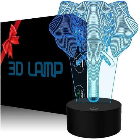 Lampe illusion 3D éléphant, veilleuse LED YKL World avec interrupteur tactile et 7 couleurs changeantes, lampe de bureau décorative (1/5)