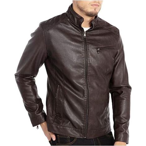 Blouson en cuir pour homme à col montant, vêtement d'extérieur pour motard, couleur café. (1/4)