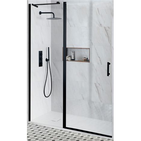 Milano Nero Black Reversible Recessed Hinged Door Shower Enclosure and White Slate Effect Tray with Fast Flow Waste - 1600mm x 800mm (1/5)