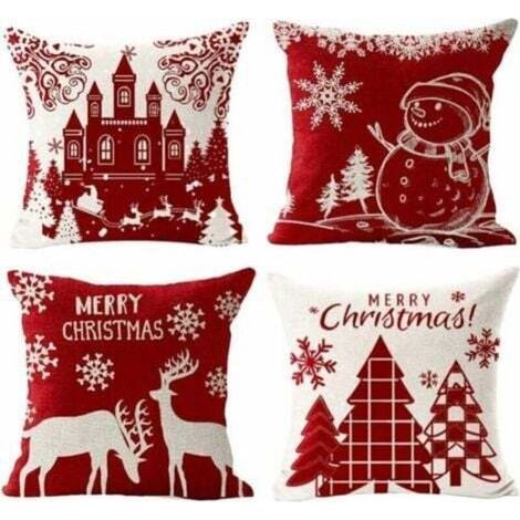 Housses de coussin Noël – Lot de 4 en coton et lin, 45 x 45 cm, motifs wapiti, château et bonhomme de neige (1/5)