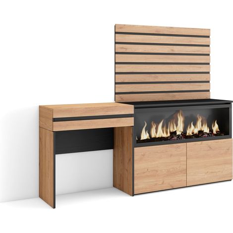 Skraut Home - Tocador, Dormitorio habitación, 177x145x35 cm, Con cajón, Chimenea eléctrica XXL, Listones Decorativos, Estilo Moderno, Roble (1/5)