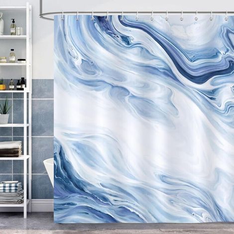 Modern Abstract Blue and White Marble Shower Curtain, Polyester Fabric, Anti-Mold, Waterproof, Washable, for Bathroom, 180 x 180 cm, with Bathtub Hooks (1/4)