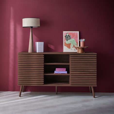 Credenza scandinava in legno con 2 ante scorrevoli scanalate, 140cm (1/5)
