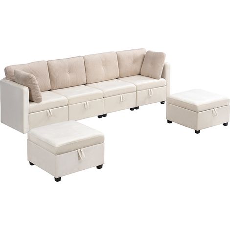 Sofá modular en U de 6 plazas con almacenaje, terciopelo y pana beige MODENUIT (1/5)