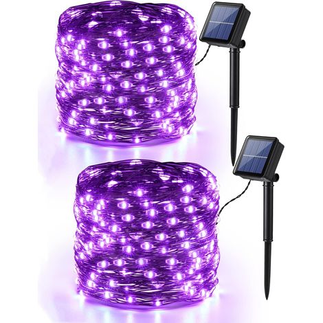 [2er-Set] Halloween-Solar-Lichterkette, für den Außenbereich, 12 m, 100 LEDs, lila Kupferdraht, wasserdicht, 8 Modi, Weihnachtsbeleuchtung, Dekoration für Thanksgiving, Garten, Terrasse, Bäume (1/5)