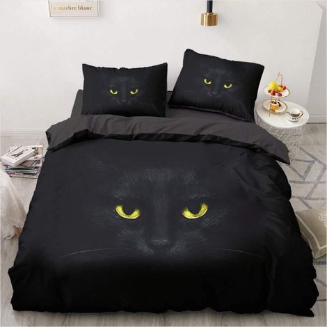 Bettwäsche Katze 220x240cm Schwarz Mikrofaser mit Reißverschluss und 2 Kissenbezügen