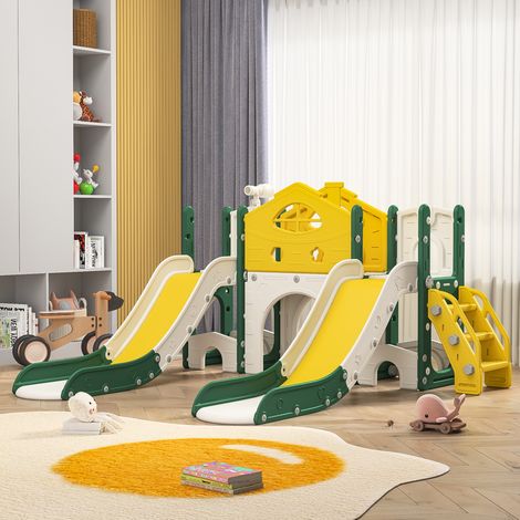 Aire de jeux pour enfants 7 en 1 : combo double toboggan avec deux toboggans, allée, escaliers, panier et télescope