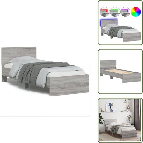 Bettgestell mit Kopfteil und LED-Leuchten Grau Sonoma 90x190 cm - Holzbettfassungen - Bettsystem - Kopfteil Bett - Lattenrost - Schlafzimmer Dekoration (1/5)