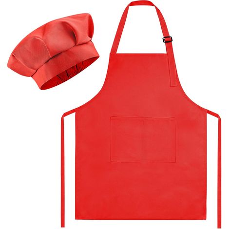 Ensemble toque et tablier de chef pour enfants, tablier de peinture rouge réglable et toque de chef avec 2 grandes poches pour enfants pour la cuisine, la peinture, la pâtisserie, Rouge (1/5)